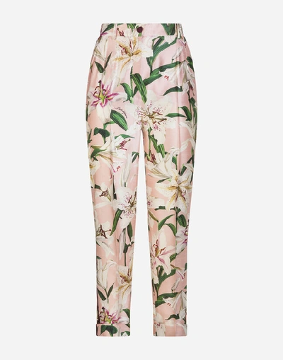 Shop Dolce & Gabbana Lily-print Shantung Pants In Pink