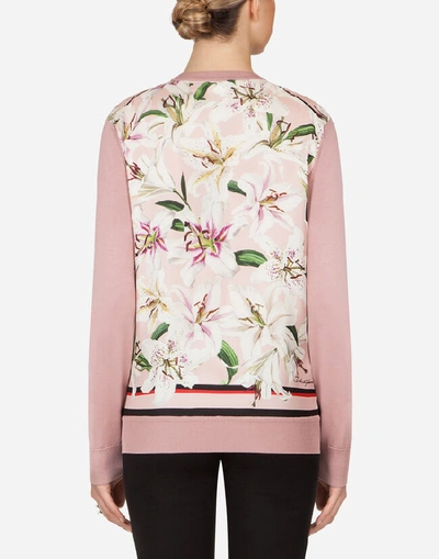 Shop Dolce & Gabbana Lily-print Twill And Silk Sweater With Long Sleeves In Pink