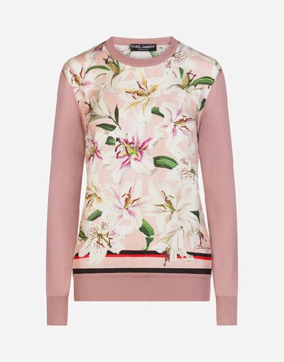 Shop Dolce & Gabbana Lily-print Twill And Silk Sweater With Long Sleeves In Pink