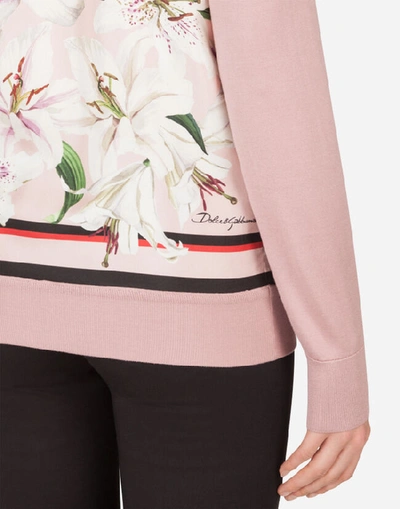 Shop Dolce & Gabbana Lily-print Twill And Silk Sweater With Long Sleeves In Pink