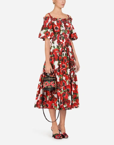 Shop Dolce & Gabbana Long Cotton Dress With Anemone Print In Floral Print