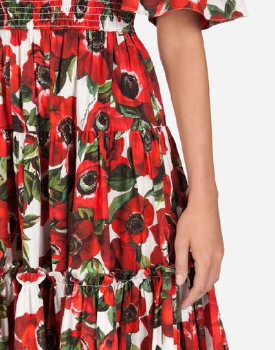 Shop Dolce & Gabbana Long Cotton Dress With Anemone Print In Floral Print