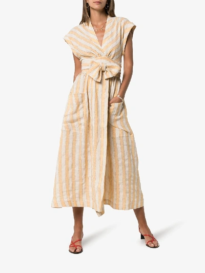 Shop Three Graces Clarissa Striped Linen Bow Detail Dress In Neutrals