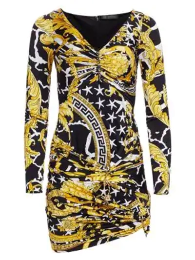 Shop Versace Jersey Savage Baroque Ruched Mini Dress In Black Gold