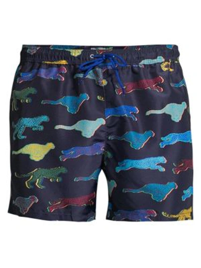 Shop Paul Smith Running Cheetah Print Swim Shorts In Blue