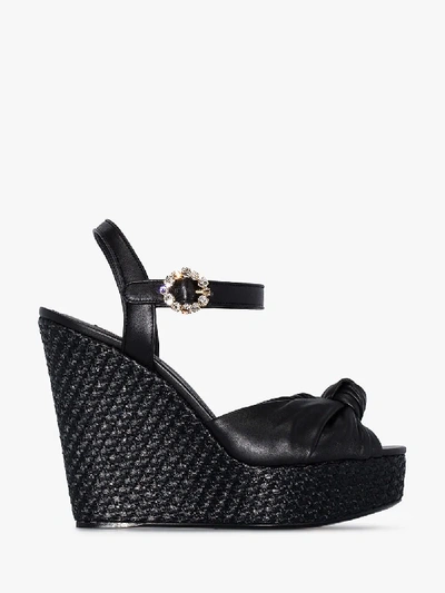 Shop Dolce & Gabbana Black 90 Raffia Wedge Leather Sandals