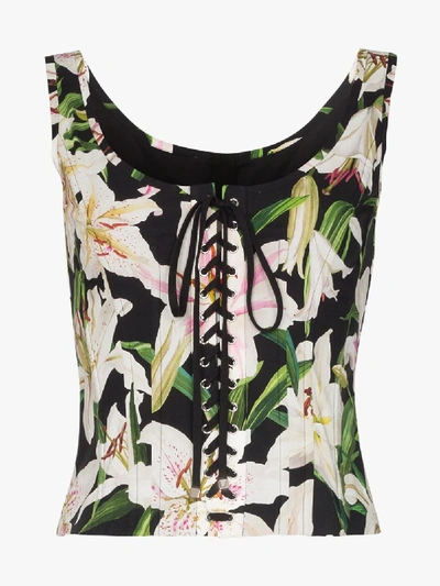 Shop Dolce & Gabbana Floral Bustier Lace-up Top In Black