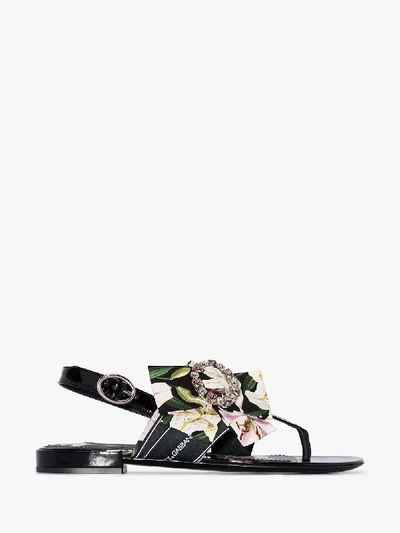 Shop Dolce & Gabbana Black Flat Logo Ribbon Sandals