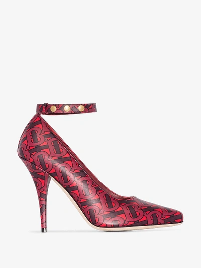 Shop Burberry Red Wiltkin Monogram Print Ankle Strap Pumps In Multicolour