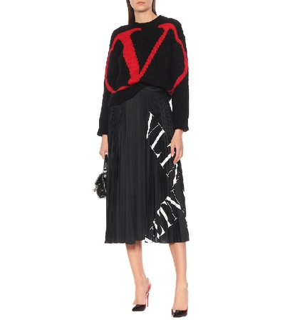 Shop Valentino Vltn Pleated Jersey Midi Skirt In Black