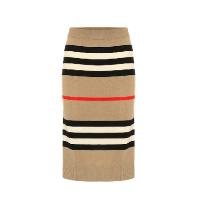 Shop Burberry Icon Stripe Merino Wool Skirt In Beige