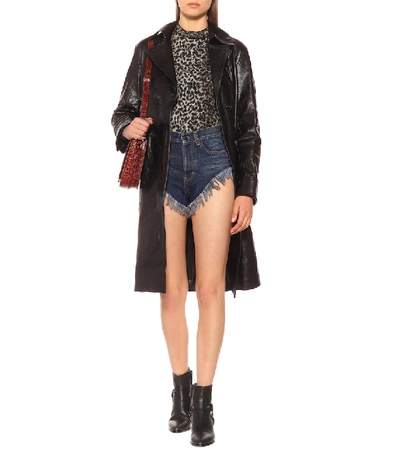 Shop Saint Laurent Fringed High-rise Denim Shorts In Blue