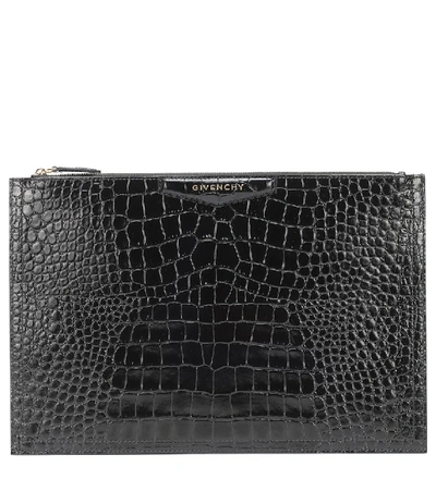 Shop Givenchy Antigona Croc-effect Leather Clutch In Black