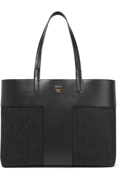 Shop Tom Ford T Leather And Denim Tote In Black