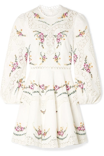 Shop Zimmermann Allia Lace-trimmed Embroidered Linen And Cotton-blend Mini Dress In Ivory