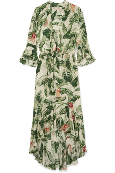 Shop Adriana Degreas Ruffled Printed Silk Crepe De Chine Maxi Dress In Green