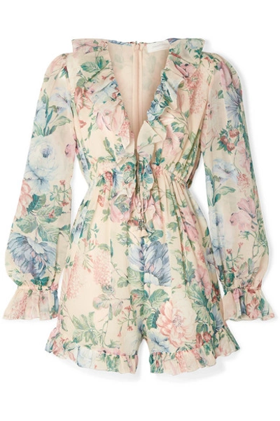 Shop Zimmermann Verity Ruffle-trimmed Floral-print Cotton And Silk-blend Chiffon Playsuit In Pink