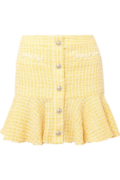 Shop Veronica Beard Ruffled Checked Bouclé-tweed Mini Skirt In Yellow