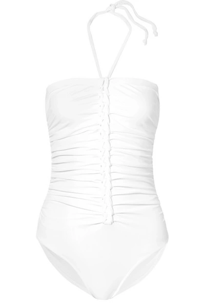 Shop Karla Colletto Joana Ruched Halterneck Swimsuit In White