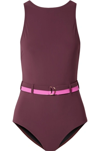 Shop Karla Colletto Katherine Belted Swimsuit In Burgundy