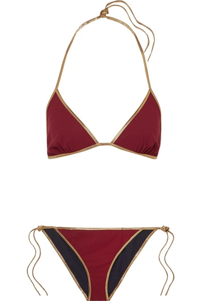 Shop Tooshie Hampton Reversible Lurex-trimmed Triangle Bikini In Burgundy