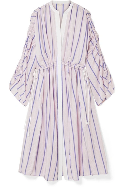 Shop By Malene Birger Genua Oversized Ruched Striped Cotton-blend Midi Dress In Pastel Pink