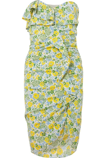 Shop Veronica Beard Ruffled Floral-print Silk-blend Georgette Midi Dress In Yellow