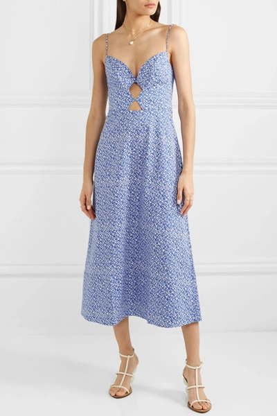 Shop Saloni Jana Cutout Printed Stretch-cotton Midi Dress In Blue
