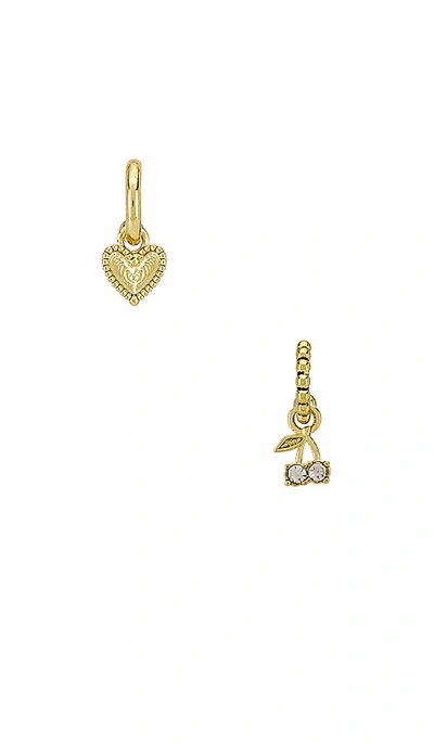 Shop Luv Aj The Cherry & Heart Studded Huggie Earring Set In Metallic Gold.