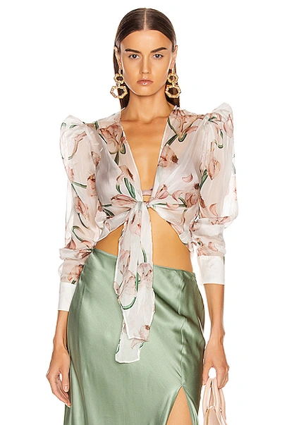 Shop Adriana Degreas Tied Aglio Shirt In Floral,pink,white In Off White