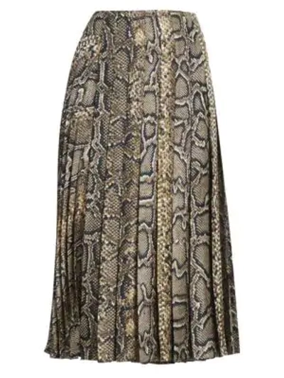 Shop Victoria Beckham Snake-print Silk Pleated Midi Skirt In Khaki