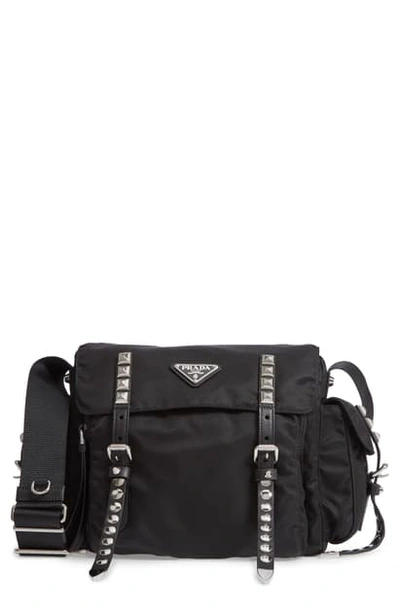 Shop Prada Stud Nylon Messenger Bag - Black In Nero