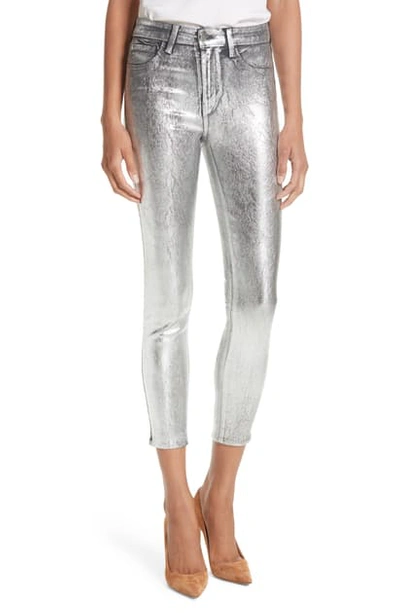Shop L Agence Margot Metallic Coated Crop Skinny Jeans In Silver Foil