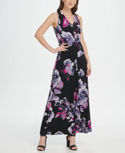Shop Dkny V-neck Floral Jersey Maxi Dress In Black Multi