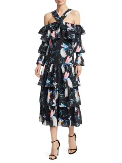 Shop Borgo De Nor Sandra Tiered Floral Midi Dress In Birds Black