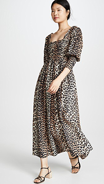 ganni smocked leopard dress