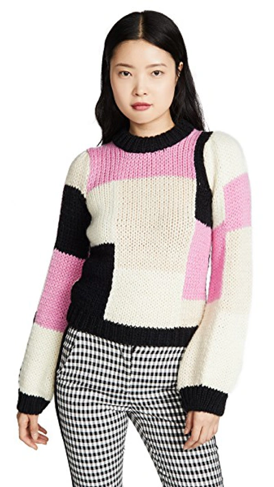 Shop Ganni Hand Knit Wool Sweater In Block Colour