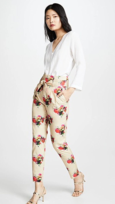 Shop Adam Lippes Tie Waist Tapered Pants In Khaki Floral