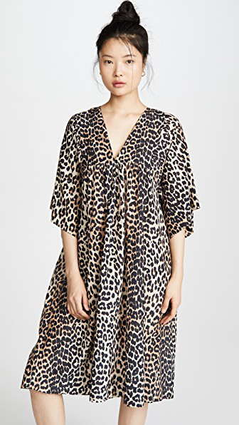 Ganni Leopard Print Oversize Cotton & Silk Midi Dress | ModeSens