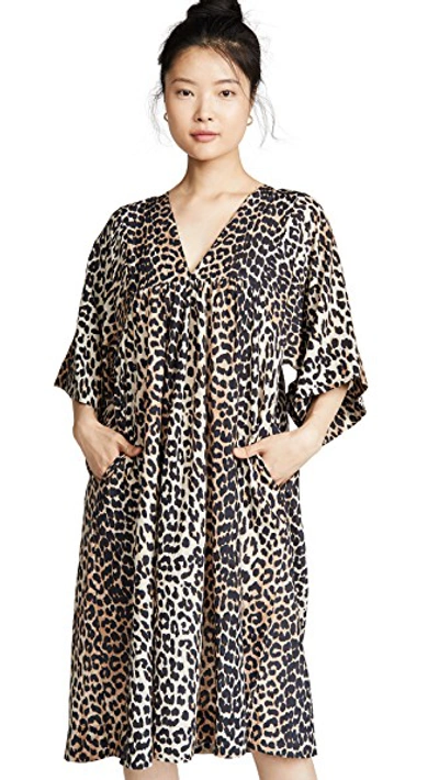 Shop Ganni Cotton Silk Everyday Dress In Leopard