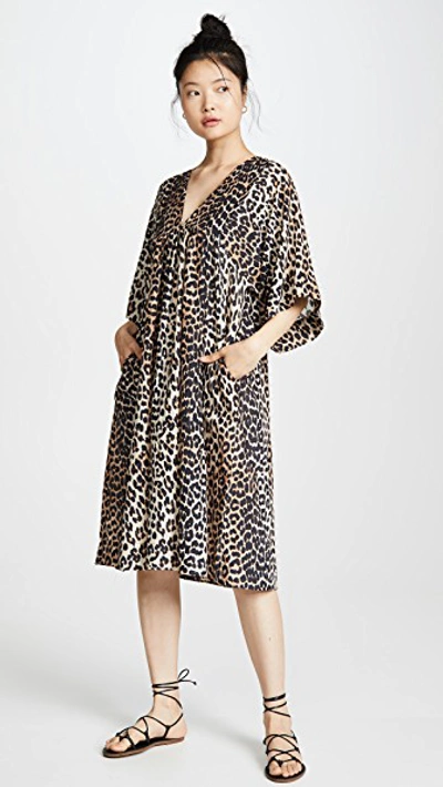 Shop Ganni Cotton Silk Everyday Dress In Leopard