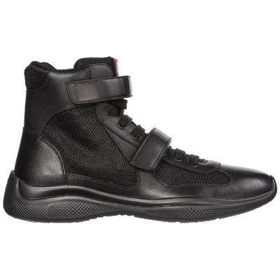 Shop Prada Men's Shoes High Top Leather Trainers Sneakers In Black