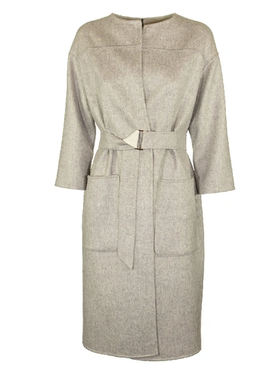 Shop Agnona Cashmere Coat Round Neck In Grey / Ivory