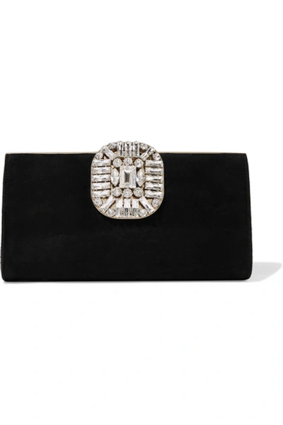 Shop Jimmy Choo Leonis Crystal-embellished Suede Clutch In Black