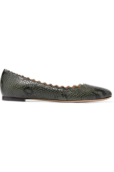 Shop Chloé Lauren Scalloped Snake-effect Leather Ballet Flats In Dark Green