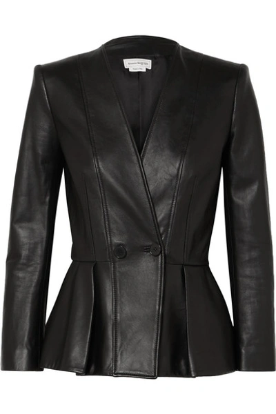 Shop Alexander Mcqueen Double-breasted Pleated Leather Blazer In Black