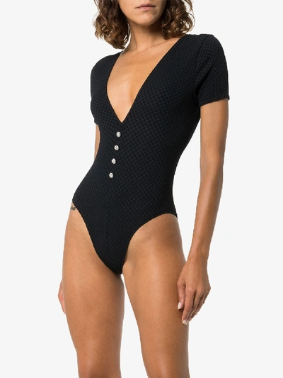 Shop Leslie Amon Short-sleeved Deep V-neck Swimsuit In Black