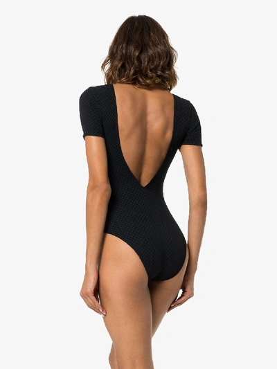 Shop Leslie Amon Short-sleeved Deep V-neck Swimsuit In Black