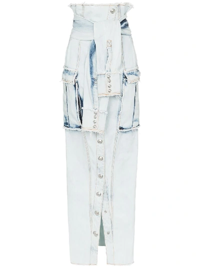 BALMAIN DISTRESSED DENIM MAXI SKIRT - 蓝色