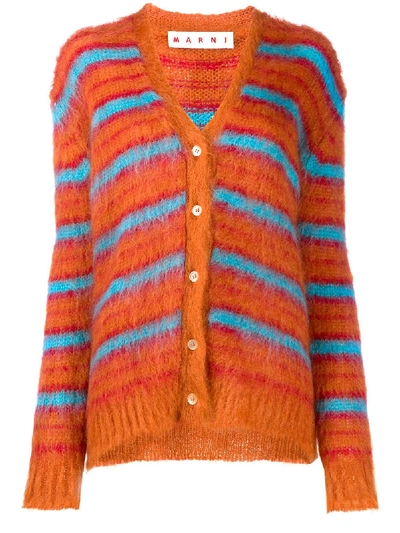 Shop Marni Fuzzy Knit Striped Cardigan - Orange